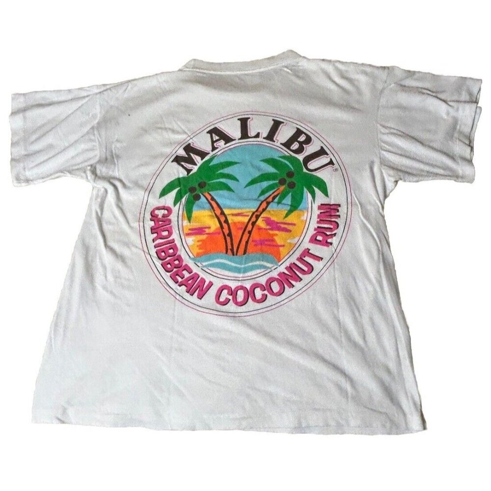 Vintage Malibu Caribbean Coconut Rum STAINED Adult White T Shirt M/L